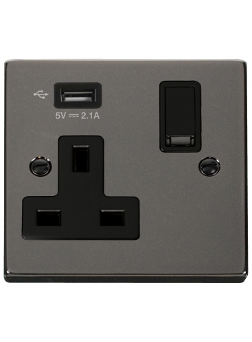 13A 1 Gang Black Nickel Switched Socket with USB (VPBN771UBK)