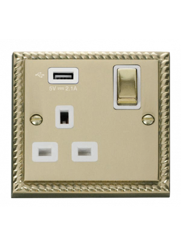 13A Georgian Brass 1 Gang Switched Socket with USB (GCBR571UWH)