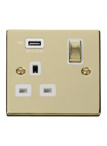13A Polished Brass 1 Gang Switched Socket with USB (VPBR571UWH)