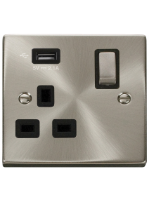 13A Satin Chrome 1 Gang Switched Socket with USB VPSC571UBK
