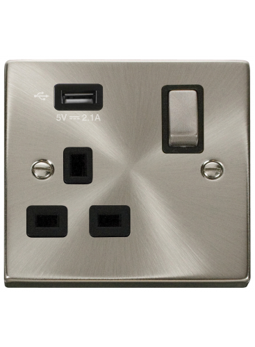 13A Satin Chrome 1 Gang Switched Socket with USB VPSC571UBK