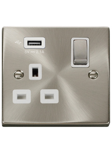 13A Satin Chrome 1 Gang Switched Socket with USB VPSC571UWH