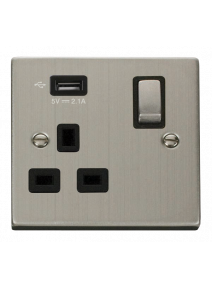 13A Stainless Steel 1 Gang Switched Socket with USB VPSS571UBK