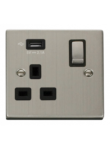 13A Stainless Steel 1 Gang Switched Socket with USB VPSS571UBK