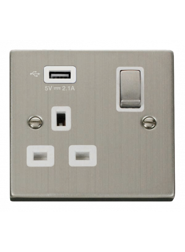 13A Stainless Steel 1 Gang Switched Socket with USB VPSS571UWH