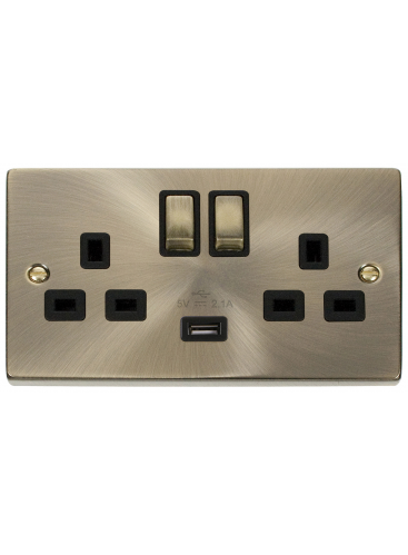 2 Gang 13A Antique Brass Switched Socket with 2.1A USB Socket (VPAB570BK)