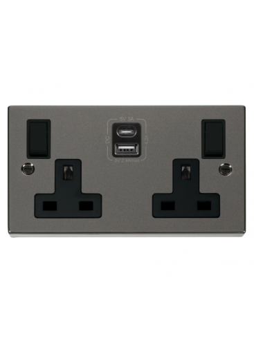 2 Gang 13A Black Nickel Double Socket with Type A &amp; C USB 4.2A (VPBN786BK)