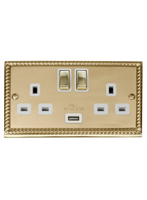 2 Gang 13A Georgian Brass Switched Socket with 2.1A USB Socket (GCBR570WH)