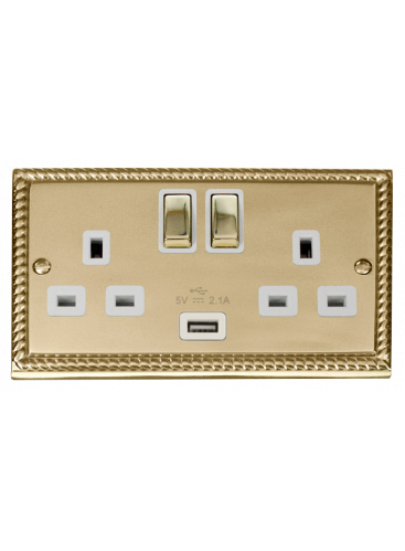2 Gang 13A Georgian Brass Switched Socket with 2.1A USB Socket (GCBR570WH)