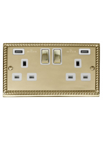 2 Gang 13A Georgian Brass Switched Socket with Twin 2.1A USB Socket (GCBR580WH)