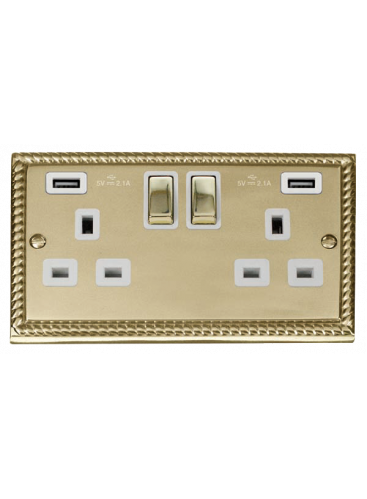 2 Gang 13A Georgian Brass Switched Socket with Twin 2.1A USB Socket (GCBR580WH)