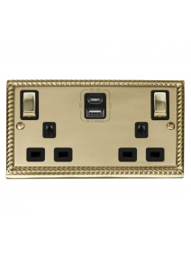 2 Gang 13A Georgian Brass Switched Socket with Type A &amp; Type C USB Sockets (GCBR586BK)