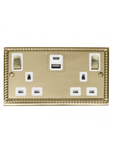 2 Gang 13A Georgian Brass Switched Socket with Type A &amp; Type C USB Sockets (GCBR586WH)