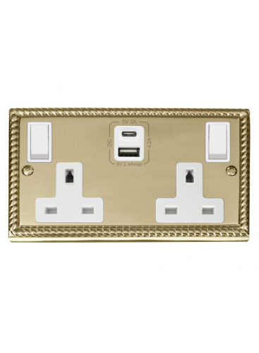 2 Gang 13A Georgian Brass Double Socket with Type A &amp; C USB 4.2A (GCBR786WH)