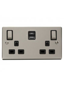 2 Gang 13A Pearl Nickel Switched Socket with Type A &amp; Type C USB Sockets (VPPN586BK)