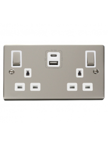 2 Gang 13A Pearl Nickel Switched Socket with Type A &amp; Type C USB Sockets (VPPN586WH)