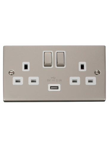 2 Gang 13A Pearl Nickel Switched Socket with 2.1A USB Socket (VPPN570WH)