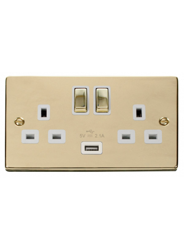 2 Gang 13A Polished Brass Switched Socket with 2.1A USB Socket (VPBR570WH)