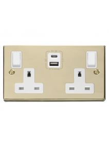 2 Gang 13A Polished Brass Double Socket with Type A &amp; C USB 4.2A (VPBR786WH)