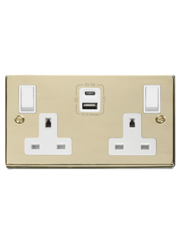 2 Gang 13A Polished Brass Double Socket with Type A &amp; C USB 4.2A (VPBR786WH)