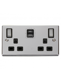 2 Gang 13A Polished Chrome Switched Socket with Type A &amp; Type C USB Sockets  (VPCH586BK)