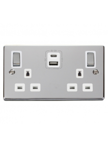 2 Gang 13A Polished Chrome Switched Socket with Type A &amp; Type C USB Sockets (VPCH586WH)