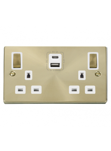 2 Gang 13A Satin Brass Switched Socket with Type A &amp; Type C USB Sockets  VPSB586WH