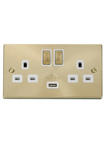 2 Gang 13A Satin Brass Switched Socket with 2.1A USB Socket VPSB570WH