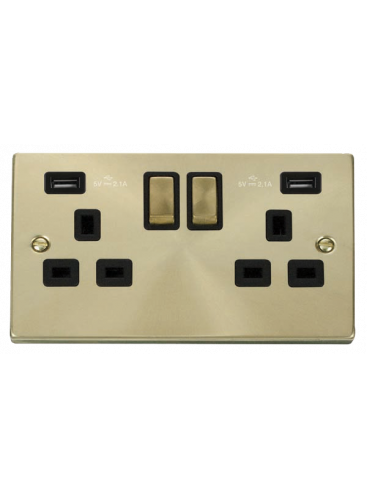 2 Gang 13A Satin Brass Switched Socket with Twin 2.1A USB Socket  VPSB580BK