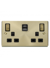 2 Gang 13A Satin Brass Switched Socket with Type A &amp; Type C USB Sockets VPSB586BK