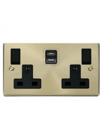 2 Gang 13A Satin Brass Double Socket with Type A &amp; C USB 4.2A VPSB786BK