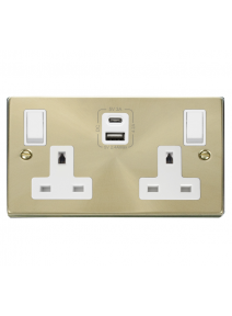 2 Gang 13A Satin Brass Double Socket with Type A &amp; C USB 4.2A VPSB786WH