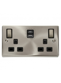 2 Gang 13A Satin Chrome Switched Socket with Type A & Type C USB Sockets VPSC586BK