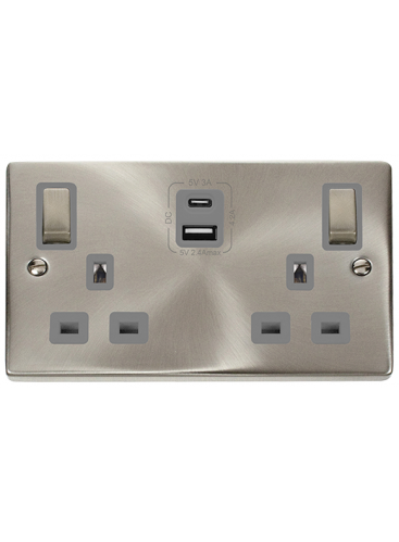 2 Gang 13A Satin Chrome Switched Socket with Type A &amp; Type C USB Sockets  VPSC586GY