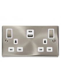 2 Gang 13A Satin Chrome Switched Socket with Type A & Type C USB Sockets  VPSC586WH