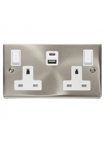 2 Gang 13A Satin Chrome Double Socket with Type A &amp; C USB 4.2A VPSC786WH