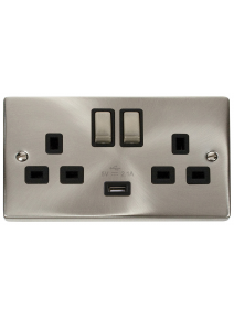 2 Gang 13A Satin Chrome Switched Socket with 2.1A USB Socket VPSC570BK