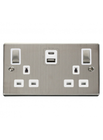 2 Gang 13A Stainless Steel Switched Socket with Type A &amp; Type C USB Sockets VPSS586WH