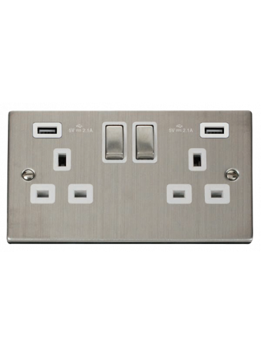 2 Gang 13A Stainless Steel Switched Socket with Twin 2.1A USB Socket VPSS580WH