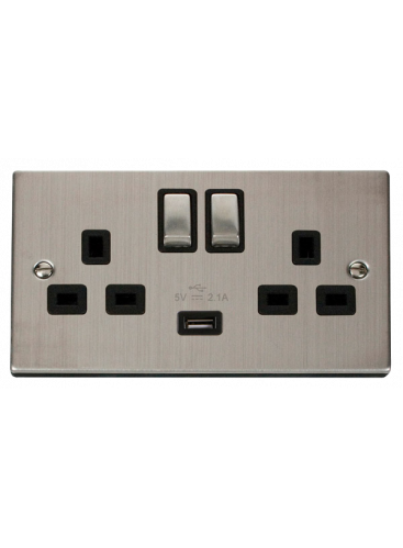 2 Gang 13A Stainless Steel Switched Socket with 2.1A USB Socket VPSS570BK