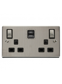 2 Gang 13A Stainless Steel Switched Socket with Type A &amp; Type C USB Sockets  VPSS586BK