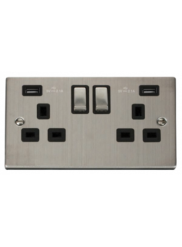 2 Gang 13A Stainless Steel Switched Socket with Twin 2.1A USB Socket  VPSS580BK