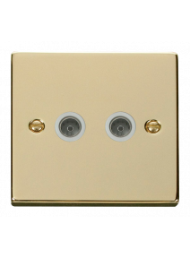2 Gang Polished Brass Twin Non-Isolated Co-Axial Socket (VPBR066WH)