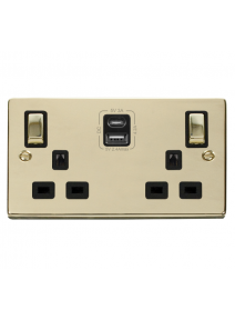 2 Gang 13A Polished Brass Switched Socket with Type A &amp; Type C USB Sockets (VPBR586BK)