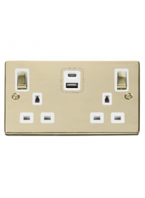 2 Gang 13A Polished Brass Switched Socket with Type A &amp; Type C USB Sockets (VPBR586WH)