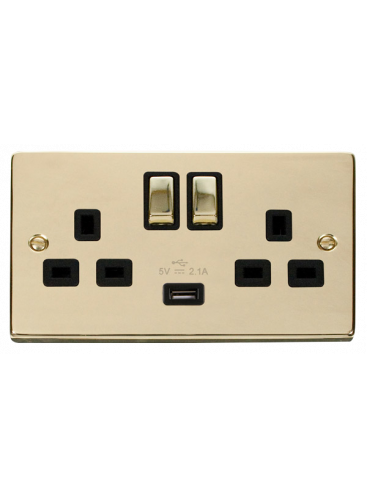 2 Gang 13A Polished Brass Switched Socket with 2.1A USB Socket (VPBR570BK)