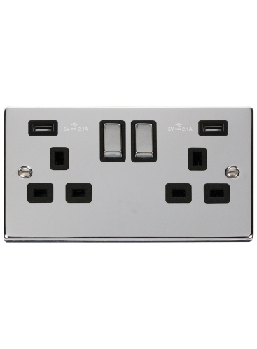 2 Gang Polished Chrome 13A Switched Socket with Twin 2.1A USB Socket (VPCH580BK)