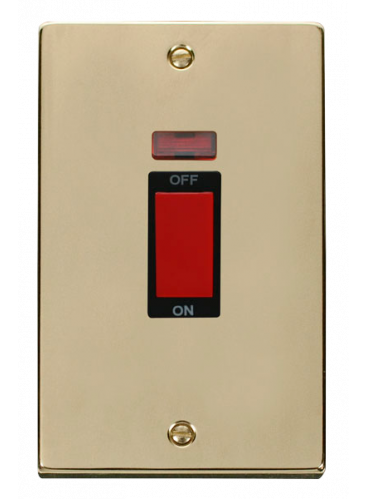 45A 2 Gang Double Pole Polished Brass Switch with Neon (VPBR203BK)