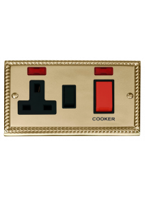 45A Georgian Brass Cooker Switch &amp; 13A Double Pole Switched Socket &amp; Neon