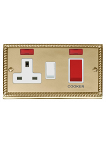 45A Georgian Brass Cooker Switch &amp; 13A Double Pole Switched Socket &amp; Neon
